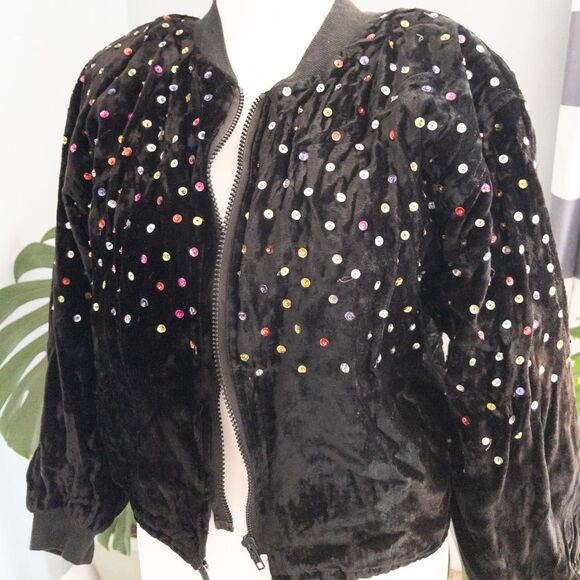 Vintage Speed Limit black velvet bomber jacket with rainbow sequins size small - Picture 2 of 8